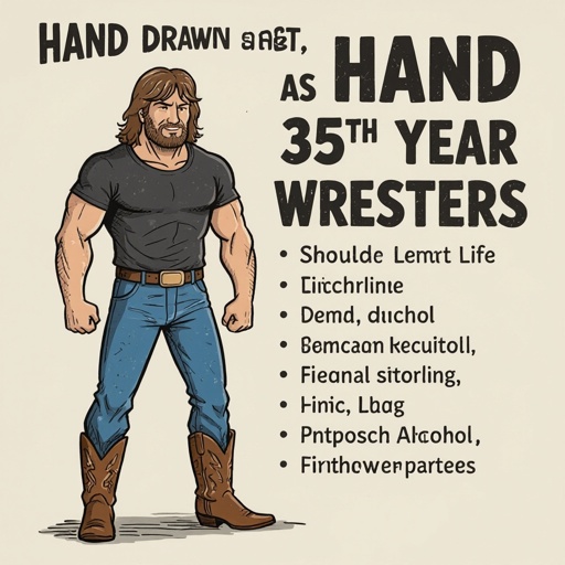Male. 35 years old. A wrestler in the 1980’s. Cowboy boots. Right jeans. Brown belt. Black t-shirt. Brunette. Shoulder length, wavy hair. Short beard. Looks tough. Has lived a rough life. Hitchhiking. Drugs. Alcohol. Parties. Big and muscular.