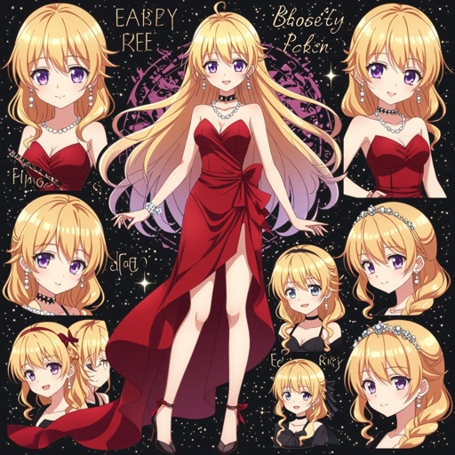 She has blonde hair and purple eyes and a red dress and black high heels and pearl earrings 