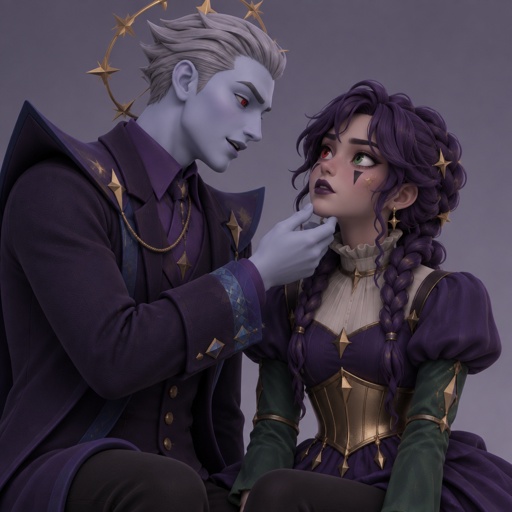 Male, grey short slick pointy back hair, light blue skin, completely full red eyes, red eyes, halo of gold stars surrounding head, purple long coat buttoned up, purple shirt and collar, shirt sleeves over palms, tall boots, black pants, blue details on clothes, pointy shoulder pads dark purple, Female, purple braids, messy bangs, one red eye the other green, black triangle under eyes, stars on face, dark purple lipstick,  purple dress with a short front, puffy short sleeve, gold corset, long green sleeves, green details on clothes, stars on top, ruffled collar, black pants, male hold females chin in hand while he talks
