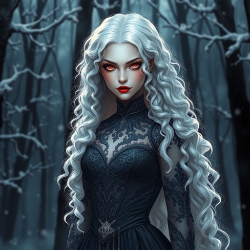 Female albino vampire with pinkish red eyes and long floor length curly white hair wearing a gothic dress in a snow covered dark forest