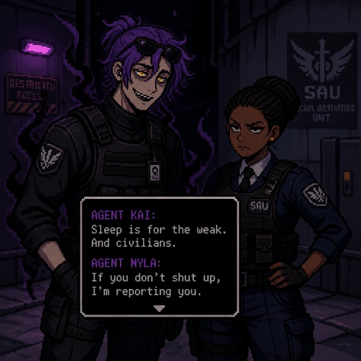 Anime style, Agent Ward, was made in a secret lab to be the best weapon and good at everything, highly skilled in many things, has to be kept in check by the facility and have an emergency backup in case he gets out of control, Wards hair is in a messy loose bun hair color violet, he is clean shaven, has yellow night vision eyes, sharp teeth,he wears sunglasses on his head, has a dark power of death from the experiments, the best agent, he's in his late 20s, tired, tall, eyes are sensitive to light, easily gets migraines, likes making jokes, sassy, reckless mischievous and dangerous,grins, hates being told what to do, intimidating, laugh like a maniac,cares about his partner ruby rose she's dark skin serious plays by the rules and firm but nice to ward them arguing ruby saying that ward needs to stop scaring the suspect so much while ward grins saying “ but it gets the answers out of them more easily”