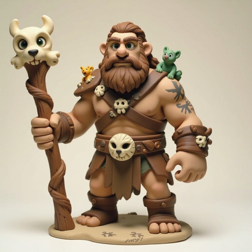 Kael the Beastbound – A rugged, broad-shouldered man with tanned skin and a rough beard, wearing armor made from bone and leather. deep green eyes tattoos of animal tracks spiral down his arms. He carries a massive wooden staff carved with the shapes of beasts, and small creatures often perch on his shoulders or follow at his feet.