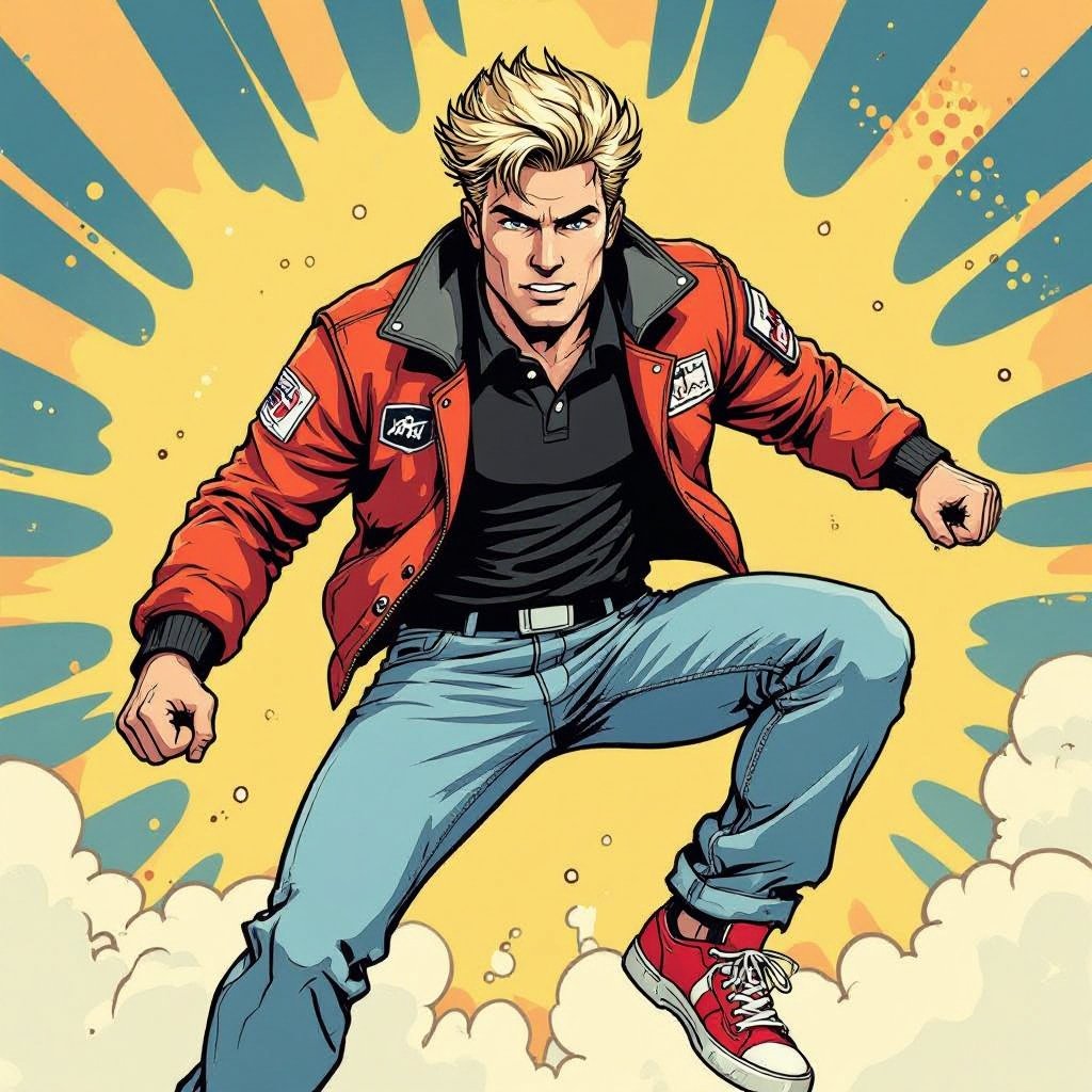 man with Dirty Blonde Unkempt Hair. Astronaut Flight Jacket Black And White Polo and Light blue denim jeans with red sneakers