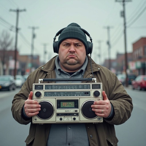 Create a funny fat guy who isnt friendly from New York  has a boom box radio , make the graphics not human 