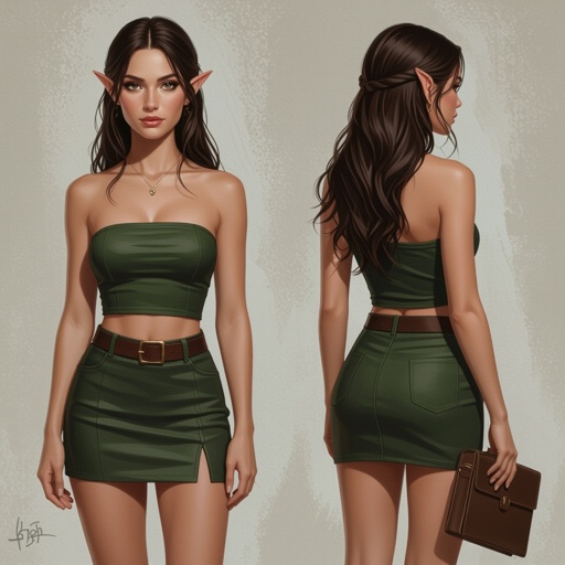 Dark Brown Hair Elf Witch Librarian in Tube Top and Tight mini Pencil Skirt
