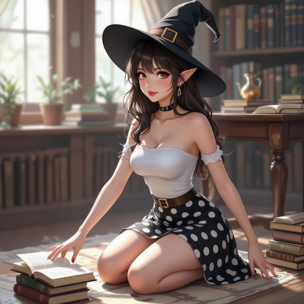 Tight Black and White Polka Dot Miniskirt Elf Witch Librarian with Brunette Hair. Tight white tube too and witches hat. Picking up a Book from the floor