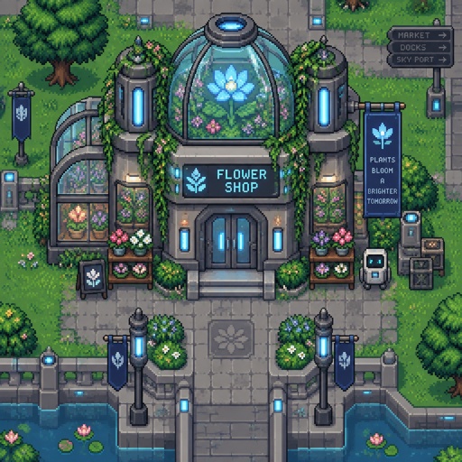 Flower shop for a fantasy game set in futuristic times, exterior, full building, top-down style,