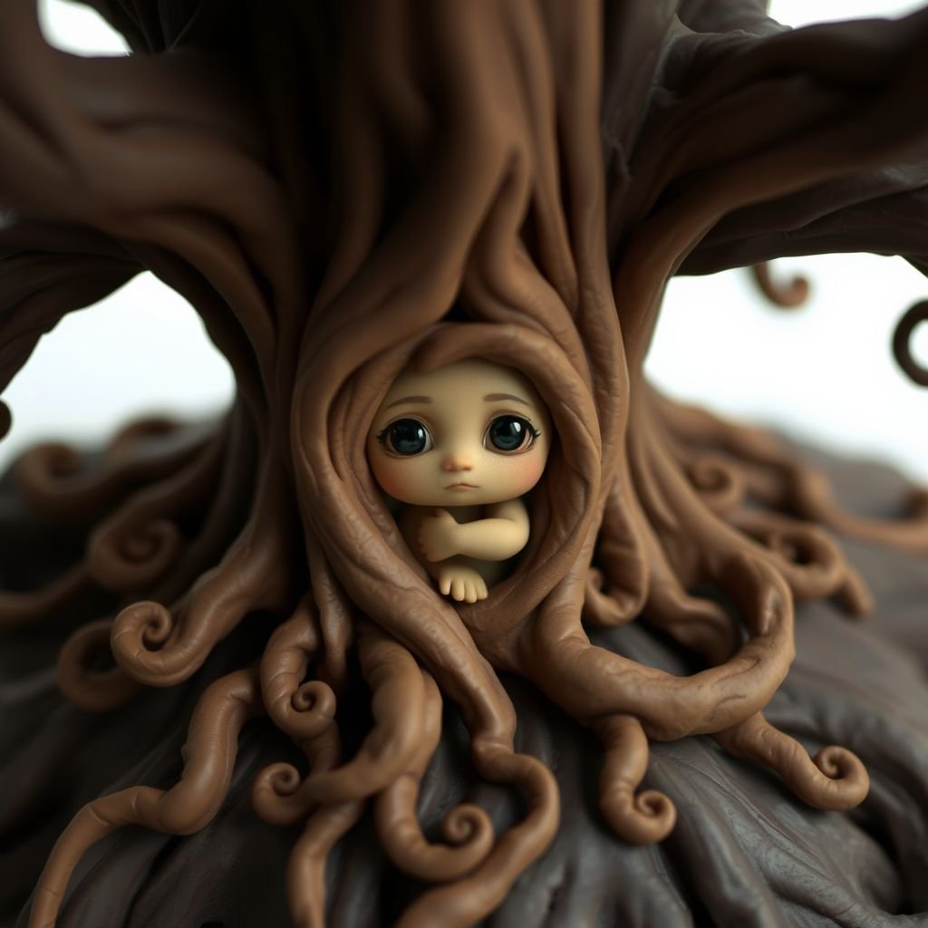 Give me a image of a fantasy dark  tree, with roots in the bottom
