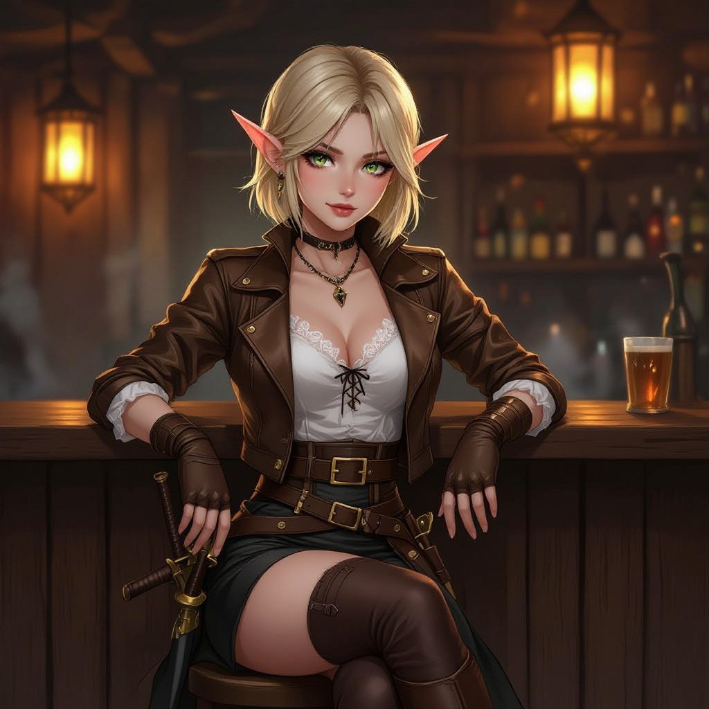 π¨ Prompt β βFfionna Baelyn: Shallow End Inn (Appearance + Scene Canon)β A semi-realistic fantasy painting of Ffionna Baelyn, a female High Elf assassin with a blonde pixie cut, fair ivory skin with warm undertones, and sharp green eyes flecked with gold. She has pointed ears and an elegant, athletic build. She wears a cropped brown leather jacket fitted to her waist with brass buckles and visible stitching detail, over a white sheer-lace blouse with a delicate neckline. A short, black fitted leather skirt sits high on her waist, sleek and practical. Her gloves are fingerless brown leather, and her thigh-high brown boots match in tone, polished with subtle shine and high, narrow heels. Two polished short swords with gold-filigree guards and brown leather-wrapped hilts rest symmetrically at her hips, catching the light faintly. Ffionna sits at the wooden bar inside the Shallow End Inn, perched on a stool with one leg crossed over the other in a confident, relaxed pose. Her expression is calm, observant, and composed β a professional at rest but ever alert. The scene is dimly lit by warm lanterns and candles reflecting off bottles and swamp water beyond the open shutters. The air feels humid, the wood aged and dark, and a faint mist glows beneath the lanterns. Lighting should be warm and balanced, highlighting her features and outfit details with natural, painterly texture. Composition: full-body to shins, semi-realistic fantasy art style following the 8-heads rule of proportion.