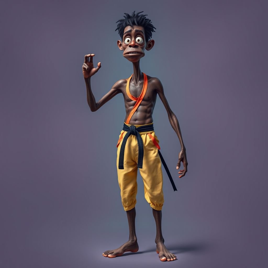 Create a character who looks like a funny African karate guy who doesn’t have a clue what he is doing. Make him have weird toes, only speedos on and a black karate belt. Make him tal skinny and slinky.