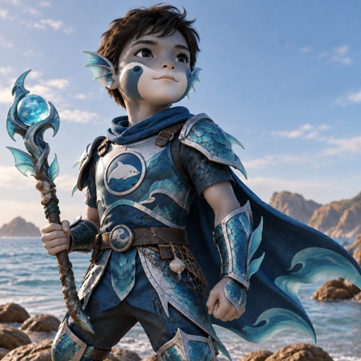 a young boy dressed in a blue armor holding a spear