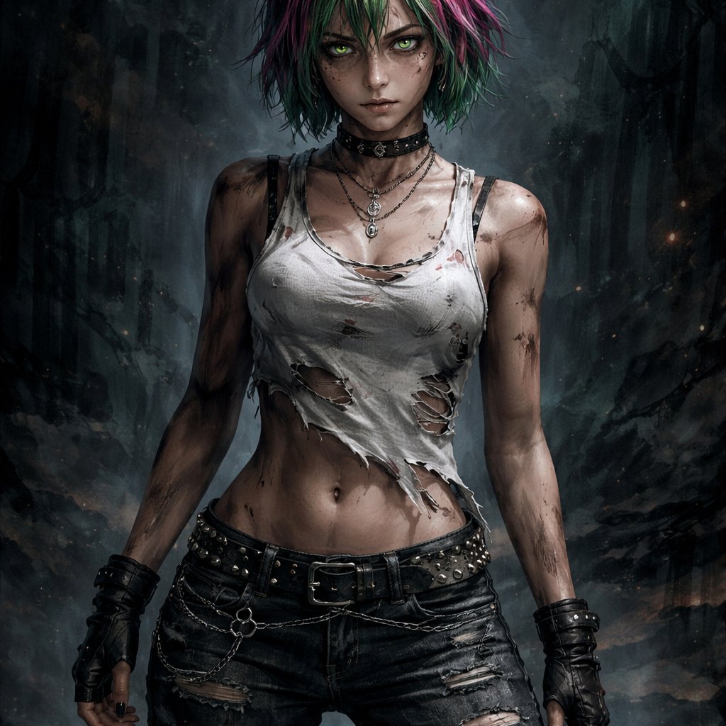A 17 year old girl who has short green hair with pink stripes and has green eyes. She is wearing a white shirt and jeans. She looks strong and mean.