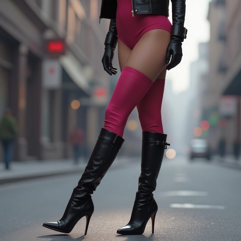 Dark Brown Frizzy Haired Spy Thief in a Tight Hot Pink Bodysuit Dark Red Thigh High Pump Boots. Black Biker Gloves. Black and Red Newsboy Cap