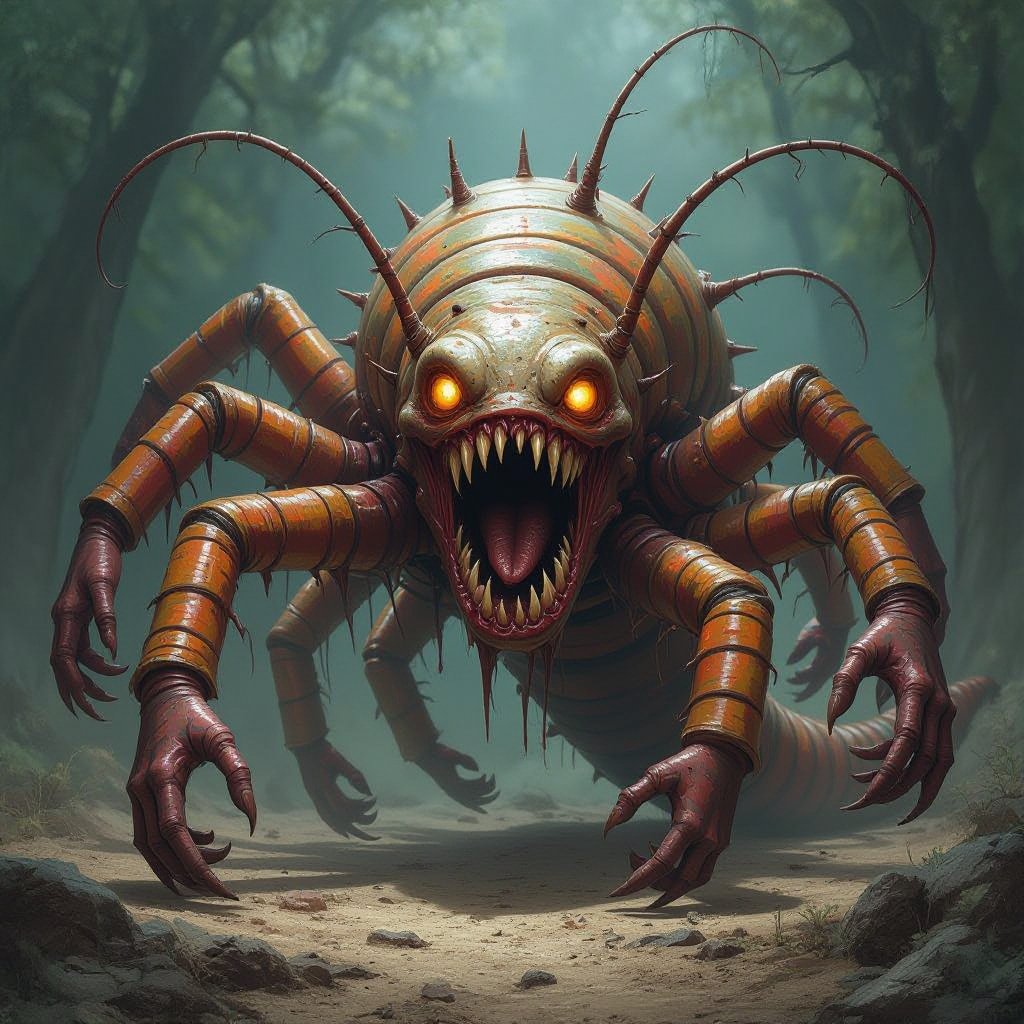 Scary centipede monster made of human arms and hands, giant hand for a head, chaotic, grotesque, no face