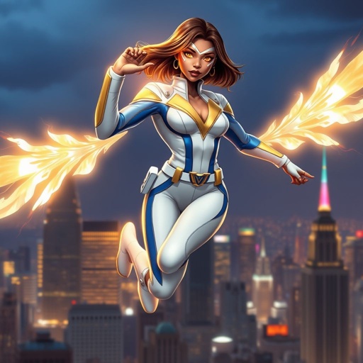 A teenage African American female superhero with brown hair with gold highlights in a shoulder length side part hairstyle with pure Gold Glowing eyes wearing a white suit with gold and royal blue with white pants and gold and white knee length boots with a utility belt with a gold V as her chest emblem with glowing wings made of white fire flying in Philadelphia