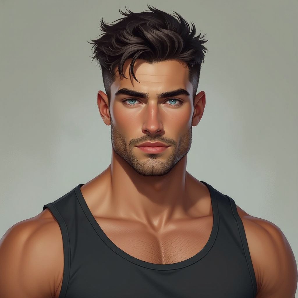 Mężczyzna. Wysoki o muskularnej budowie. Obcięty na jeżyka ciemne włosy. wygolone boki na zero. Włosy ulizane na bok. Delikatny zarost. Mocna budowa ciała. Orli nos. Wąskie usta i jasne niebieskie oczy. Sportowiec. Ubrany w koszulkę bez rękawów zasłaniającą brzuch