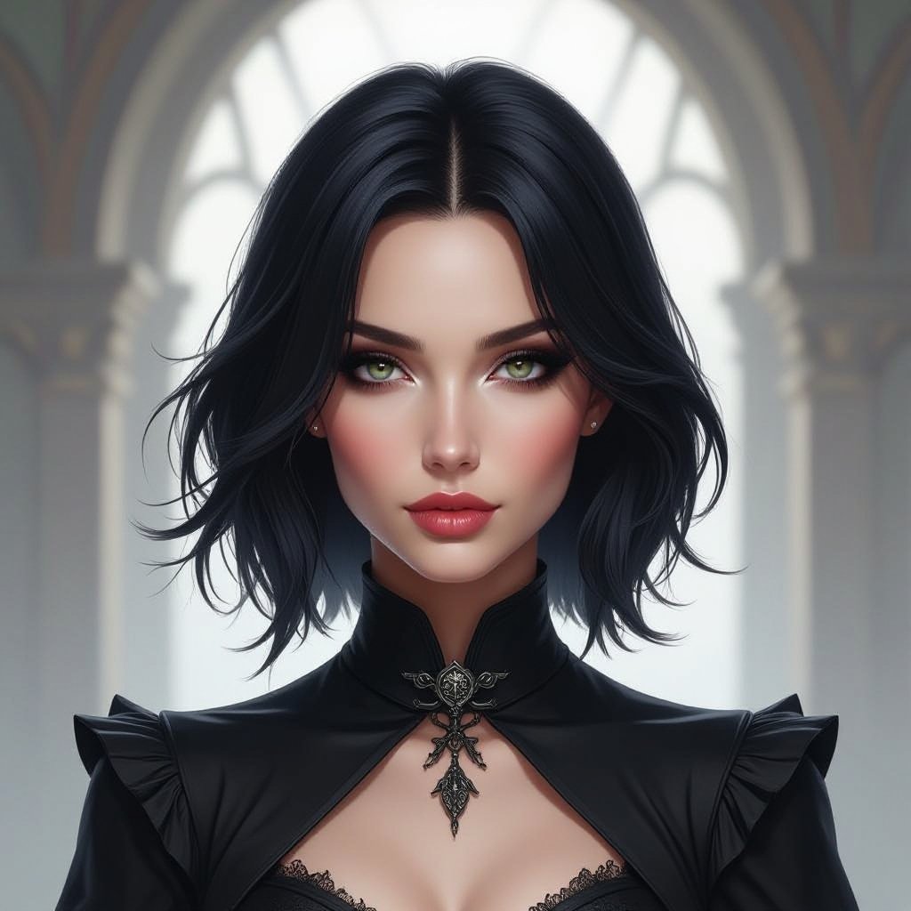 Show character head to toe. Create a mid age fantasy woman jet-black hair is cut sharpand her eyes seem to pierce through darkness. A shadowy aura clings to her form,