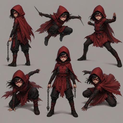 Female child villian,red hood, mask,enhanced fighting, multiple of the same character