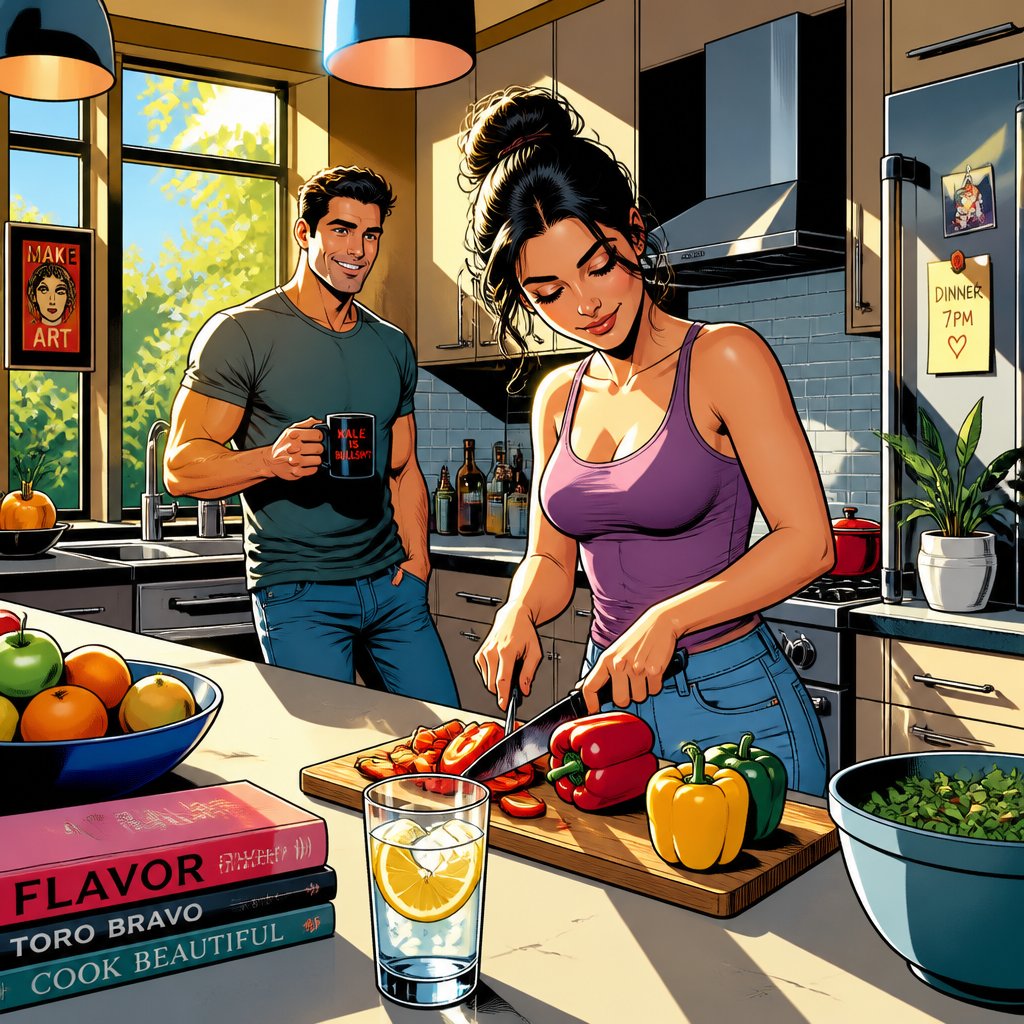 A contemporary kitchen, bright sunny day no people no speech bubbles, intense colour no print dots