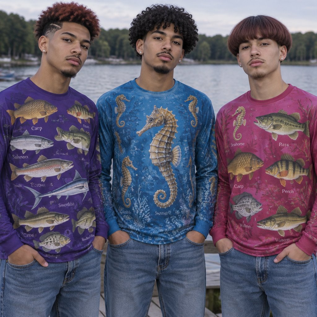 Teen Boy, Pencil Mustache, Goatee Beard, Red Brown Black Textured Crop with Design Hair, Carp Fish Perch Fish Bass Salmon Fish Trout Fish Swordfish Walleye Fish Crappie Fish Bluegill Fish Printed Purple Long Sleeve Shirt, Jeans & Teen Boy, Pencil Mustache, Goatee Beard, Seahorse Printed Blue Shirt, Jeans & Maroon Brown Leather Modern Bowl Cut Hair, Teen Boy, Mustache Pencil, Goatee Beard, Seahorse Bass Fish Carp Fish Perch Fish Crappie Fish Walleye Fish Printed Ruby Pink Shirt, Jeans