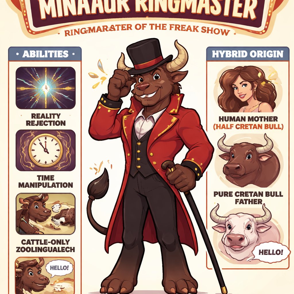 A male medium brown Minotaur with brown eyes that has a well~proportioned figure that works at freak show as the ringmaster. That has abilities of Reality Rejection, Time Manipulation (Chronokineses), Zoolingualism (Language of Cattle only), Human Speech. He’s basically a hybrid with his mother being a human with half-animal (Cretan bull) physiology and his father a Cretan Bull.