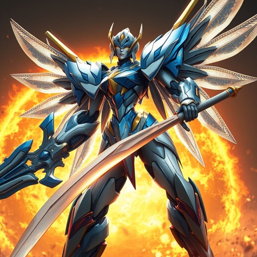 A blue white and gold feminine built mech robot with a giant sword and metal wings fighting on the surface of the sun