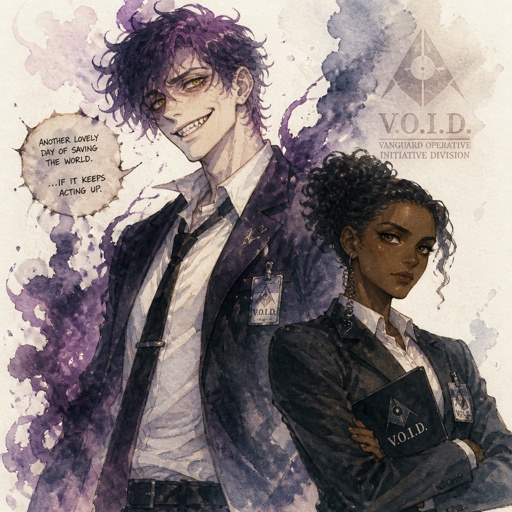 Anime style, Agent Ward a male, made in a secret lab to be best weapon and good at everything, highly skilled, be kept in check and have an emergency backup in case he gets out of control, Wards hair a messy bun hair color violet, is clean shaven, yellow night vision eyes, sharp teeth, has a dark power energy from experiments, best agent, in late 20s, tired, tall, eyes sensitive to light, easily migraines, likes making jokes, mischievous and dangerous, grins, hates being told what to do, intimidating, laugh like a maniac cares about his partner ruby rose she's dark skin serious plays by the rules and firm but nice to ward them standing together ruby arguing to wards "stop being so intimidating you're going to give are suspect a hart attack!" Ward says "what I'm just making the job go faster he's fun and was very helpful " he proceeds to laugh ruby says under her breath "this isn't funny" as a comic