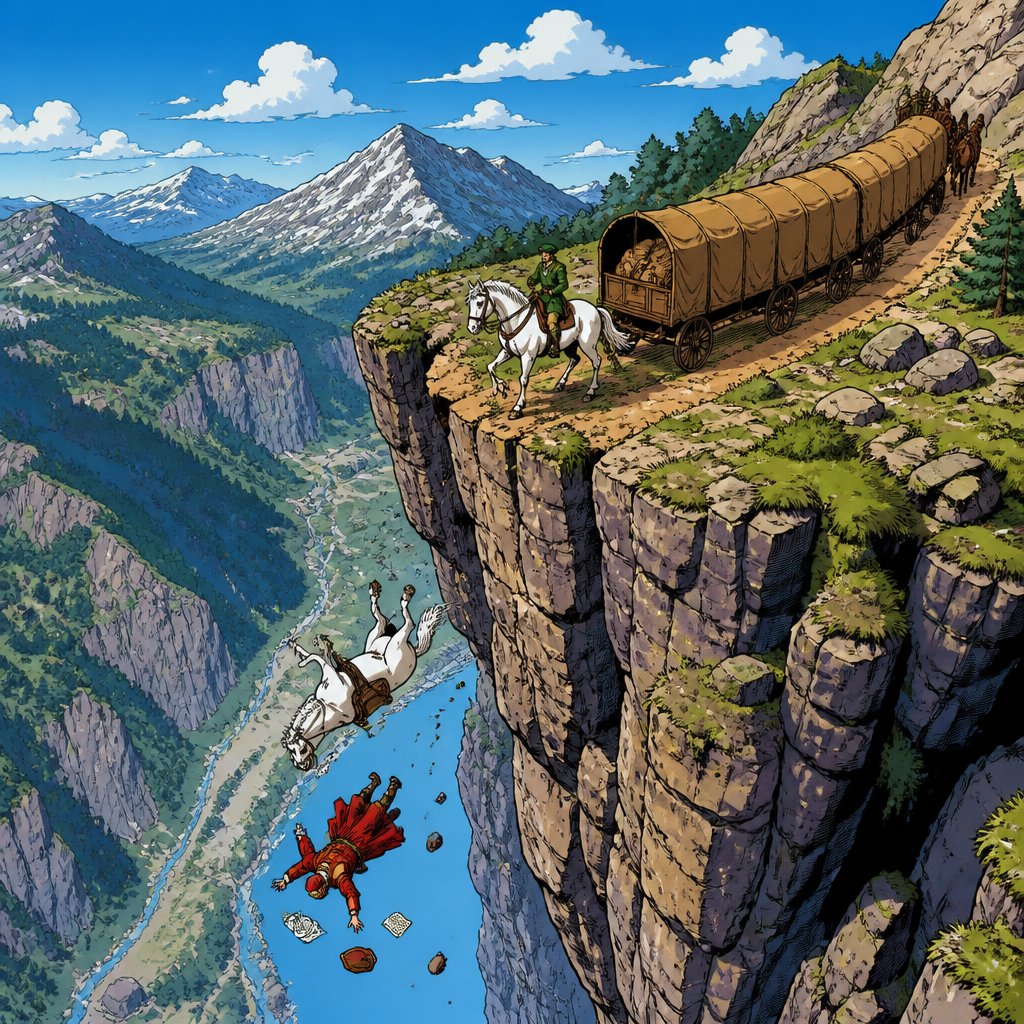 Extreme longshot, drone view, highly realistic, vivid colors. We see a small white horse falling off a cliff, and the writer is wearing a red Renaissance robe, and he too, was falling off. A top of the cliff is another Whitehorse with a person wearing a green renaissance robe and a beret in the background also is a long waggon covered by brown canvas mountainous area sunny day no speech bubbles no print dots realistic