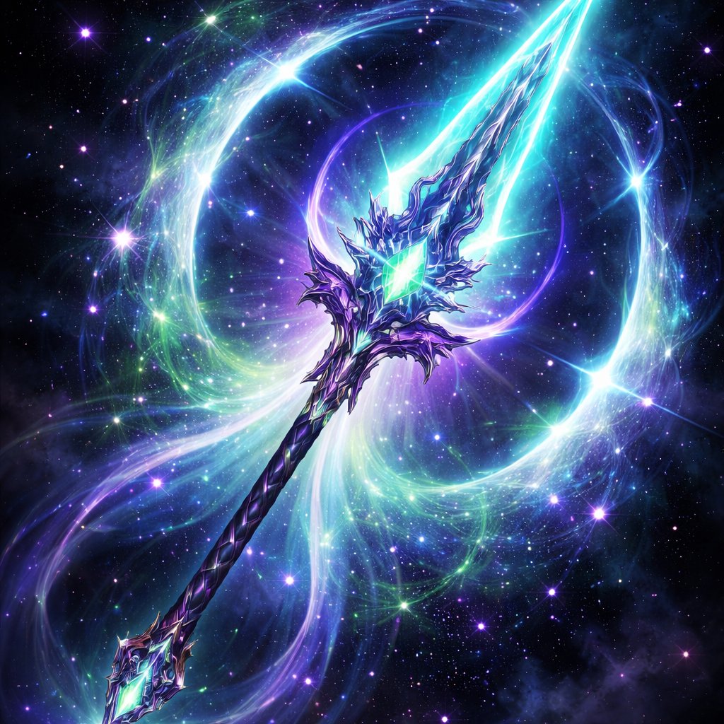 une arme céleste unique, forgée dans le creuset des âges et des dimensions : l’Égide d’Éon. L’Égide d’Éon est une lance d’une beauté surnaturelle, dont le manche est sculpté dans un métal inconnu, brillant comme mille étoiles. Sa pointe est une lame d’énergie pure, capable de transpercer non seulement la matière, mais aussi le tissu même de l’espace-temps. Lorsque l’arme est brandie, elle émet un halo d’énergie cosmique, vibrant au rythme des éons passés et futurs. Son histoire légendaire commence lors de la convergence des temps, un événement où tous les êtres, connus et inconnus, de toutes les époques, furent rassemblés par une force mystérieuse. C’est alors qu’un forgeron divin, maître des dimensions, façonna l’Égide d’Éon en utilisant les fragments d’astres disparus et les éclats des réalités effondrées. L’arme fut donnée à un gardien élu, chargé de maintenir l’équilibre entre les mondes et de déchirer les anomalies temporelles menaçant l’existence. On raconte que l’Égide d’Éon peut ouvrir des portails vers des époques oubliées ou futures, mais aussi sceller des failles temporelles avant qu’elles ne détruisent la réalité. Son pouvoir est incommensurable, mais elle ne peut être maniée que par celui dont l’âme est en harmonie avec le flux du temps, un être capable de comprendre que chaque instant est à la fois un passé, un présent et un avenir. Cette arme céleste symbolise la maîtrise du temps et de l’espace, une légende gravée dans le cœur des univers mêlés.