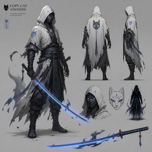 assassin name copy cat, time power, light blue eyes, blue shadow katana
