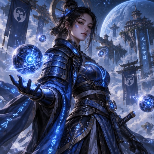Woman in futuristic blue space samurai armor, 