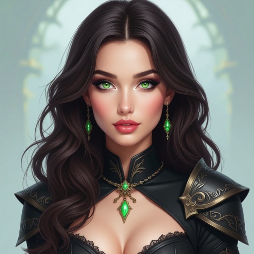 Kobieta o ciemobrązowych włosach do pasa, jasnych zielononiebieskich oczach, pełny makijaż. Ubrana na czarno
