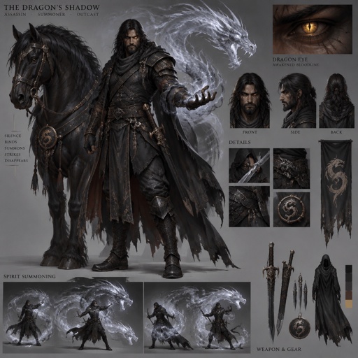 dark assassin, dragon eye, large horse companion, spirit summoning abilities, long black hair, beard
