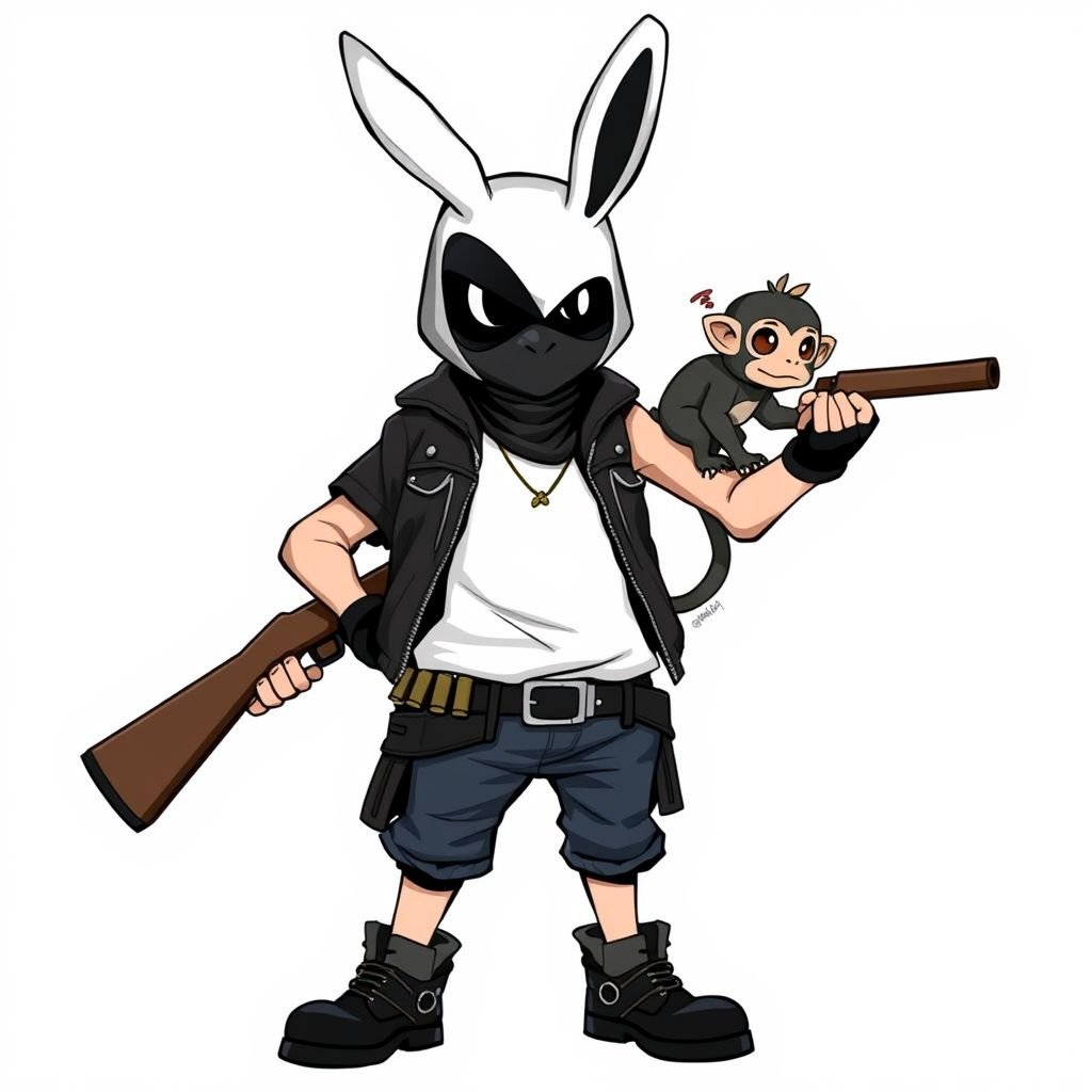 a youngboy 5’6 with black boots a white T-shirt along with a biker jacket no sleeves he vacation with a bunny mask but it’s like a helmet with eyes black cause they are cameras black one side of the mask then white on the other side  then he has a shotgun in his hand with shotgun shells around his waist and with his baby monkey waving sitting on his shoulder 