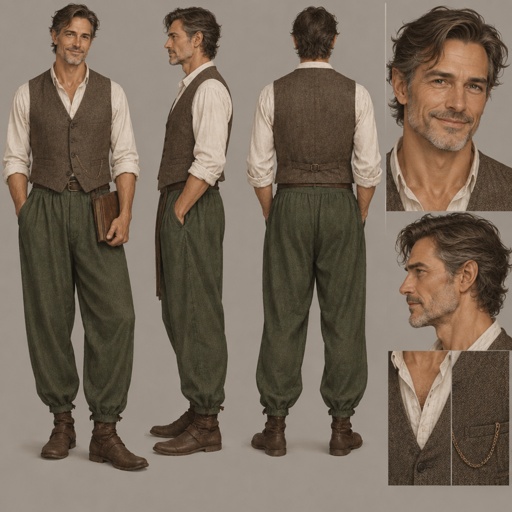 a drawing of a man in a brown vest and green pants