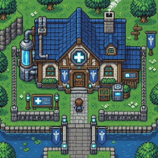 Clinic made from a house for a futuristic fantasy game, exterior, top down style