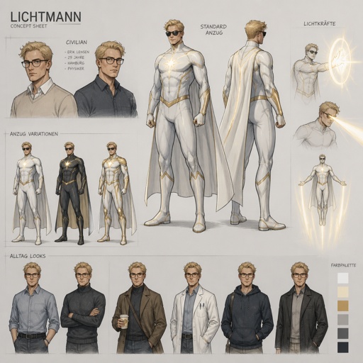 Male superhero with light powers, sunglasses, German, blonde, wears glasses when not a superhero,multiple of the same character 