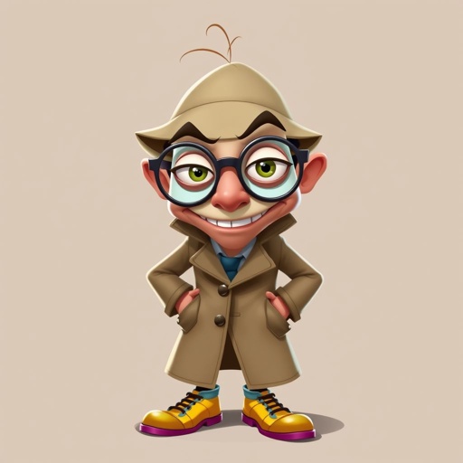 Create a character who is a goofy looking detective, who is confident. But funny looking. With cool shoes on.