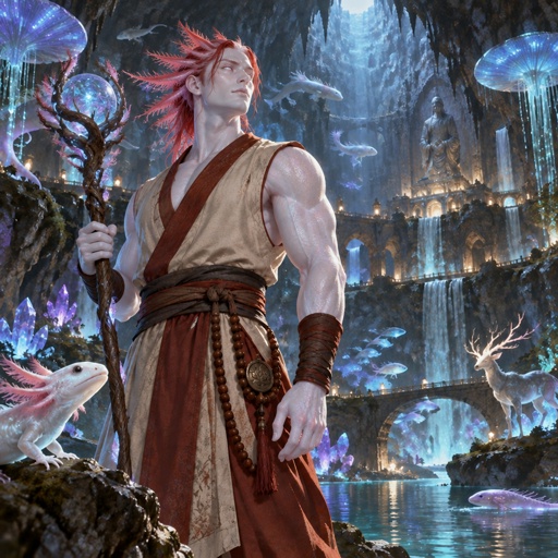 a man with red hair standing in front of a waterfall