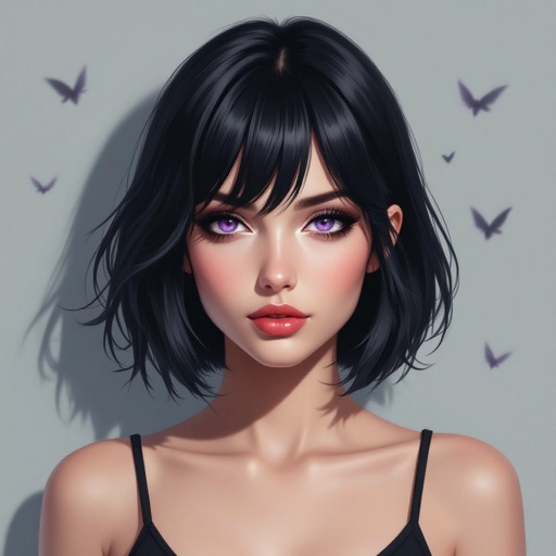 Show her entire body. Create mysterious woman jet-black hair is cut sharp to her jawline, and her violet eyes seem to pierce through darkness. A shadowy aura clings to her form, faint shapes shifting and flickering behind her like whispers of another realm. Show whole body head to toe