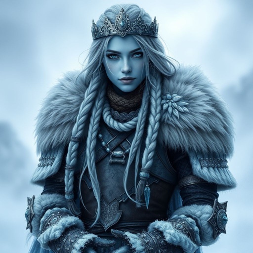 A battle-hardened woman with icy-blue skin. Her long silver hair flows in braids tipped with frozen beads. She wears heavy, fur-lined armor made from the hides of snow beasts. A frost-shaped crown rests lightly on her head. Please show whole character not just waste up. Need to see her shoes also…