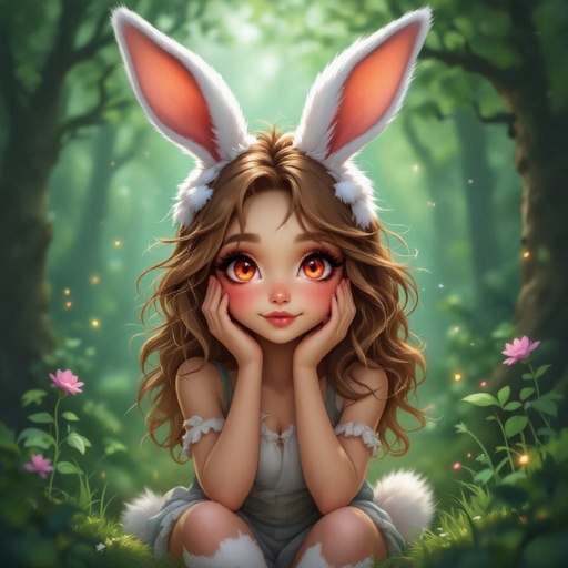 A mischievous half-bunny, half-human girl with vivid red eyes and light brown, tousled hair. Her skin is a patchwork of white and chestnut fur, blending human features with rabbit traits — long expressive ears, a twitching cotton-tail, and digitigrade legs ending in soft padded feet.