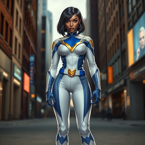 African American female superhero with hair  in a shoulder length side part hairstyle with pure Gold Glowing eyes wearing a white suit with gold and royal blue  with white pants and gold and white knee length boots with a utility belt with a gold V  as her chest emblem in Philadelphia 