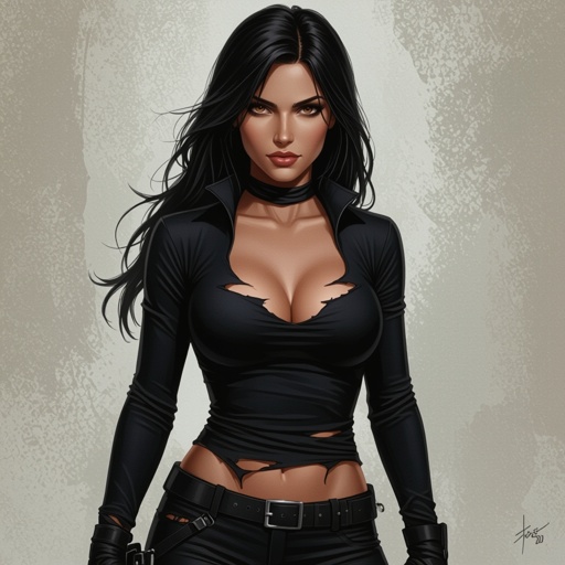 Lady Burglar In shredded torn ripped tight black spandex suit torn and ripped a lot 