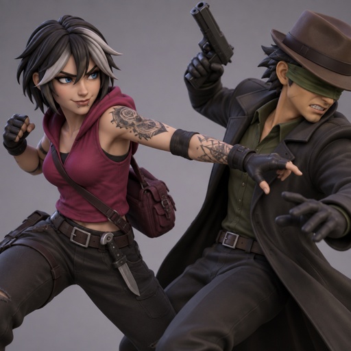 Female, black jagged hair cut, neck length, white strands, two lip piercings, blue eyes, magenta sleeveless hoodie, dark magenta satchel, belt with knife attached, gloves, tattoos on both arms, smirk, Male, brown fedora with green around it that covers eyes, black back hair spiky, black trench coat with upturned collar, green shirt, holding gun, fighting the other