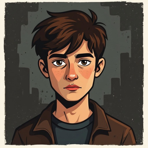 Mysterious teen boy with dark brown hair brown eyes and with a dark past