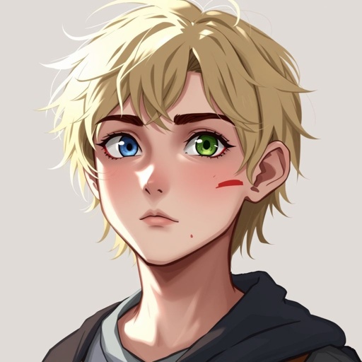 blond scar on right cheek passive boy heterochromia one blue eye one 1 eye half green and half hazel