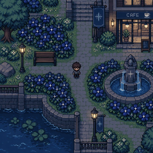 dark-blue flowers with tiny star-like specks for a fantasy game set in modern times, top down style