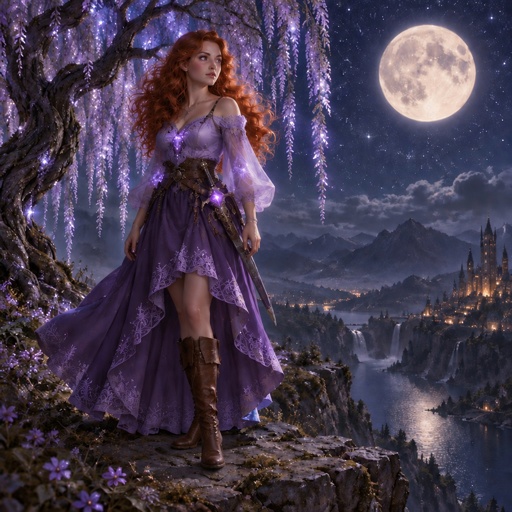 a woman in a purple dress standing on a cliff