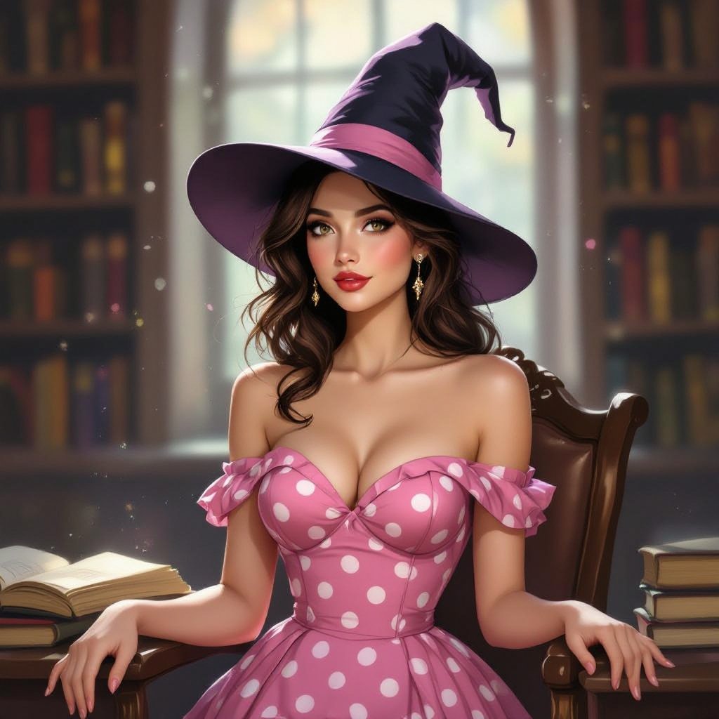 Dark Brown Hair Elf Witch Librarian in Witches Hat. Tight Strapless pink polka mini dress pencil skirt
